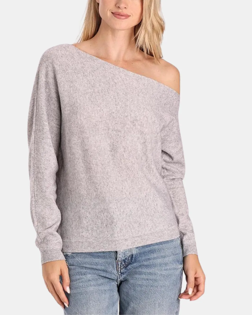 COTTON CASHMERE OFF THE SHOULDER TOP IN LIGHT HEATHER GREY