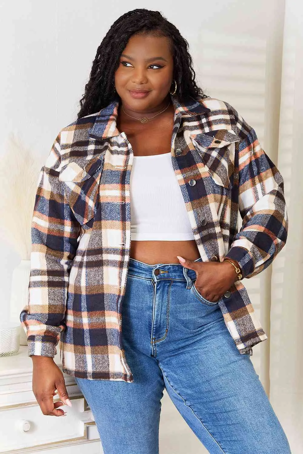Hazel Blues® |  Double Take Plaid Button Front Shirt Jacket with Breast Pockets